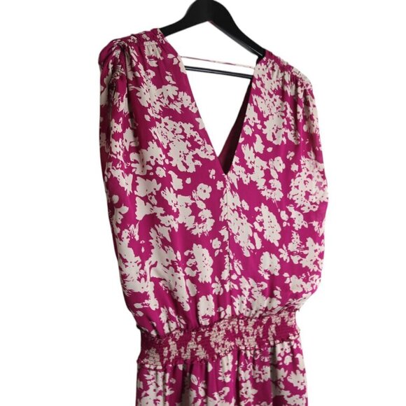 Ramy Brook Silk Blouson Shift Mini Dress Smocked Waist V-Neck Floral Fuchsia - Picture 2 of 7